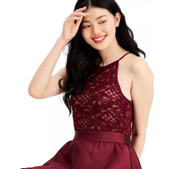 Emerald Sundae Halter Glitter Lace Dress in Wine - Picture 3 of 3